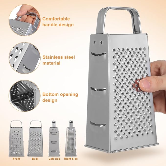 MAGICLULU 8-Inch Box Cheese Grater with Handle - Heavy Duty Stainless Steel 4-Sided Vegetable Slicer, Shredder & Zester, Potato & Citrus - Multipurpose Manual Kitchen Food Tool