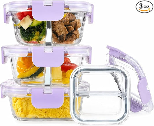 3 Pack Bariatric Meal Prep Containers, 8oz Glass Snack Containers | Glass Bariatric Portion Control Containers with Two 4 oz Compartments, Reusable Lunch Box Bento Box with Lids,Purple
