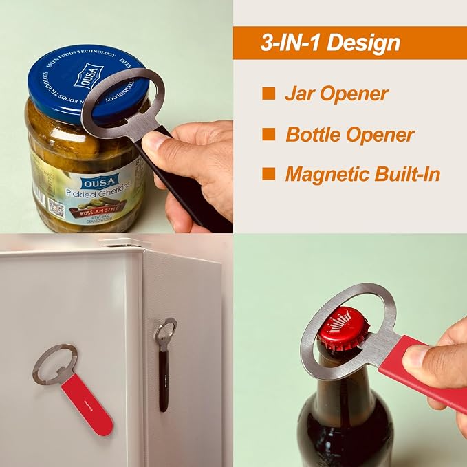 Magnetic Jar Opener Gripper, Jar Openers Top Rated For Seniors Weak Hands, Bottle Opener Built-In, 2-IN-1 Jar & Bottle Opener x 1, Red, Rubber Jar Openers Gripper x 4