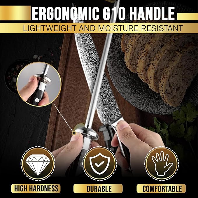 SliceElite Knife Sharpener Rod 10 Inch Sharpening Steel G10 Handle Diamond Coated Honing Rod Knife Steel Sharpener Chef Kitchen Knives Tool Honer Sharpener Japanese Style Utility
