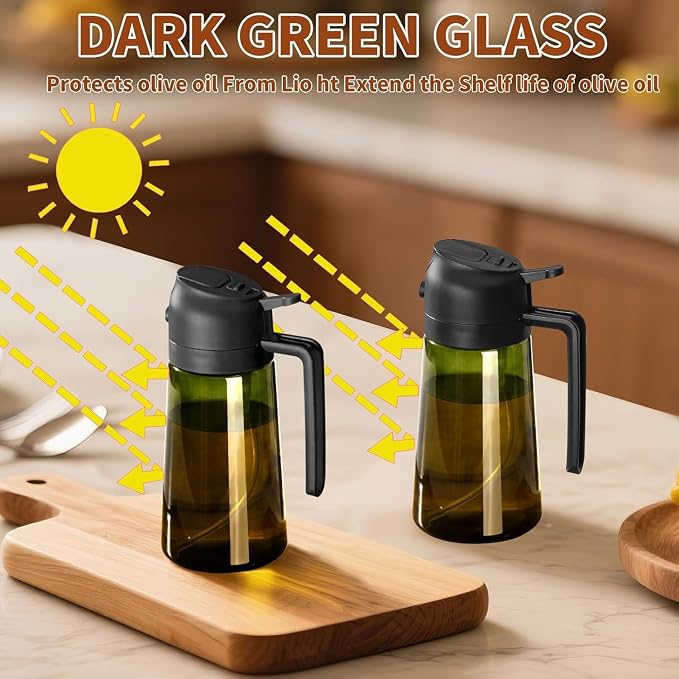 SWEET VIEW 2PCS Olive Oil Dispenser and Oil Sprayer | 16oz/470ml Glass Light-Proof Oil Pourer for Kitchen Air Fryer, Cooking, Salad, and BBQ, with Stickers