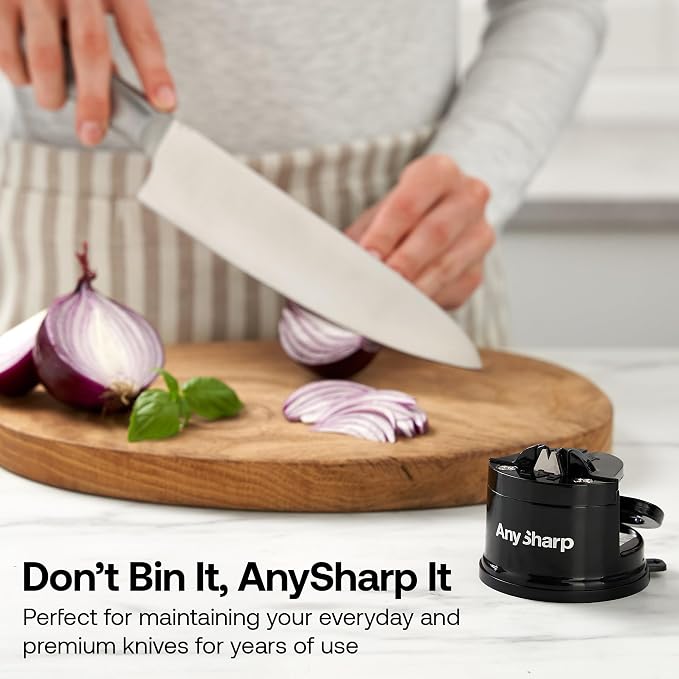 AnySharp – Global – Hands Free Knife Sharpener - Easy to Use Sharpening Tool with PowerGrip Suction Base and 20-Degree Pre-Set Angle - for All Knives: Chef's, Serrated, and Hardened Steel - Black
