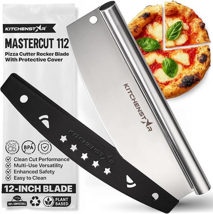 12-Inch Pizza Cutter Rocker Blade, 304 Stainless Steel Slicer Knife, Silver | Protective cover included, dishwasher safe, one-piece design, food-grade stainless steel, suitable for small pizzas