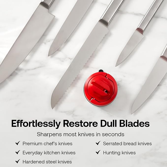AnySharp – Evo – Hands Free Knife Sharpener - Easy to Use Sharpening Tool with Improved PowerGrip Suction Base and 20-Deg Pre-Set Angle - for All Knives: Chef's, Serrated, and Hardened Steel - Red