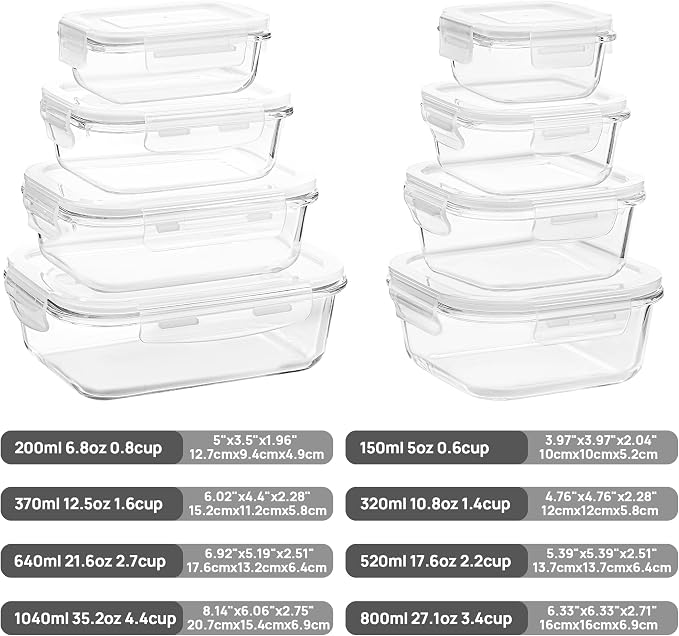 Vtopmart 8 Pack Glass Food Storage Containers with Airtight Lids | Meal Prep Lunch Containers, Leakproof, Leftover Storage, Take-out, Microwave, Oven, Freezer and Dishwasher Safe, BPA Free