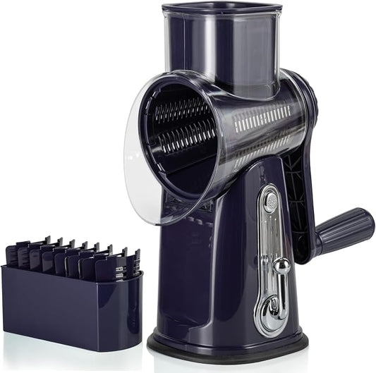 5-in-1 Rotary Cheese Grater with Handle – Stainless Steel Blades, Vegetable Slicer & Shredder, Nut Grinder, Carrot & Cabbage Grater, Easy-to-Clean Kitchen Tool (Purple)