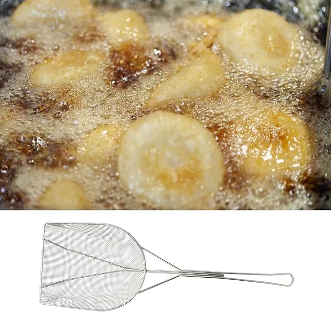 Strainer Skimmer, Stainless Steel Fryer Skimmer Ladle with Long Handle Fine Mesh Strainer Skimmer for Kitchen Deep Fryer, Skimming Grease and Foam(5.9x18.3in)