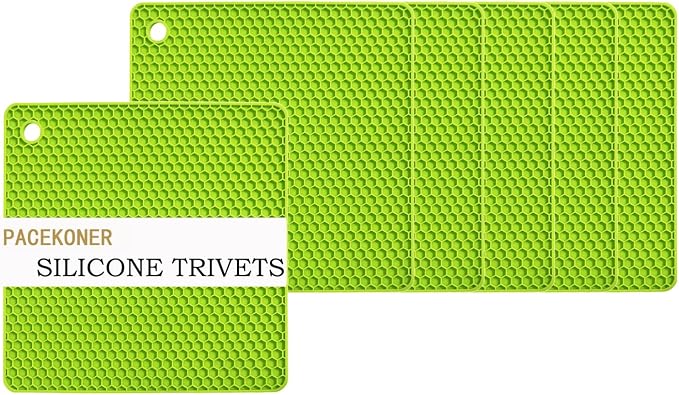 6-Pack Silicone Trivet Mats, Heat Resistant Hot Pads, Dishwasher Safe Kitchen Mats, BPA-Free Pot Holders for Table, Countertop, Stove, Honeycomb Design (Green, 7" Square)