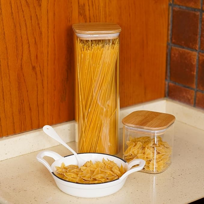 SHOWIN Glass Pasta Storage Jars Square 73oz, 3 Pack Glass Jars With Bamboo Lids, Tall Kitchen Storage Containers For Pasta, Storage For Pantry Organizers