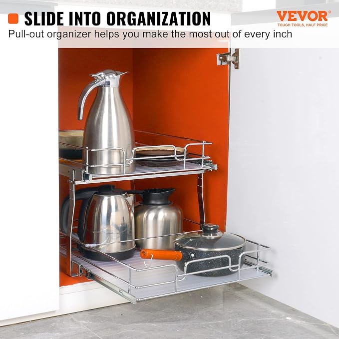 VEVOR 2 Tier 20"Wx21.2"Dx15.2"HPull Out Cabinet Organizer, Heavy Duty Slide Out Pantry Shelves, Steel Roll Out Drawers, Sliding Drawer Storage for Home, 21.5"Wx22.5"Dx19"H Install Size for Cabinet