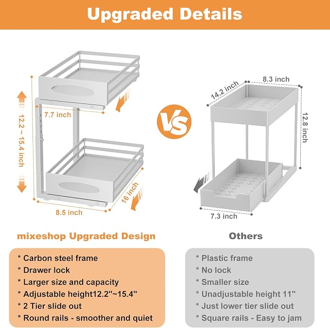 Under Sink Organizer, 2 Tier Under Sink Organizers and Storage, Adjustable Height, Slide out Metal Cabinet Organizers, Pull out Cabinet Storage Drawer Shelf for Kitchen Bathroom (White, 2 Pack)