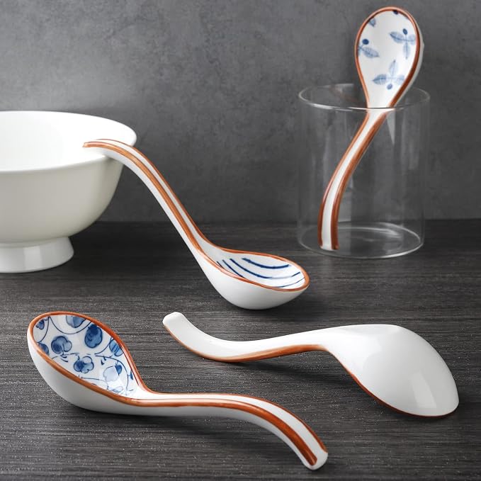 Ceramic Soup Spoons Set of 4 Porcelain Japanese Soup Spoon Long Handle Asian Soup Spoon Sets for Pho Ramen Noodles Wonton Dumpling Rice (Model 5#)