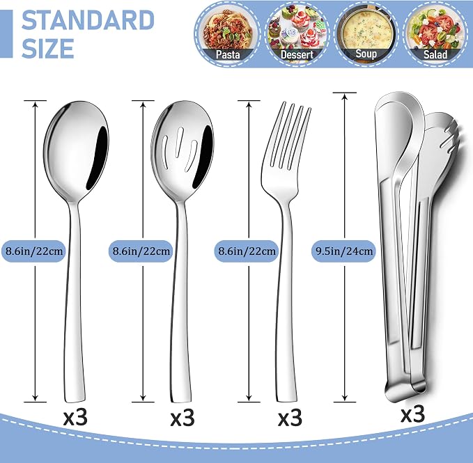 LIANYU 12 Piece Serving Utensils, Stainless Steel Serving Spoons Set, Include 3 Serving Spoons, 3 Slotted Spoons, 3 Serving Forks, 3 Metal Tongs for Kitchen Buffet Party Banquet Entertaining
