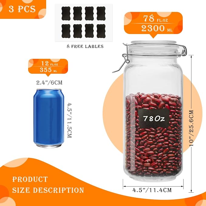 Large Glass Storage Containers with Airtight Lids 78oz 3 Pack | Flour, Sugar, Cereal, Cookies, Kitchen Canisters for Pantry Organization, Square Air Tight Glass Storage Jars Wide Mouth