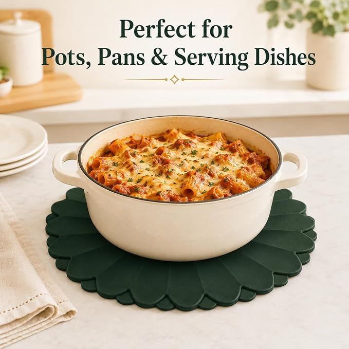 Heat-Resistant Silicone Trivet Mats, Non-Slip Hot Plate Holder for Kitchen Countertops & Dining Table, Reusable Pot Holder Pad with Secure Grip, Dishwasher Safe (Green, Diameter: 30cm/11.81")