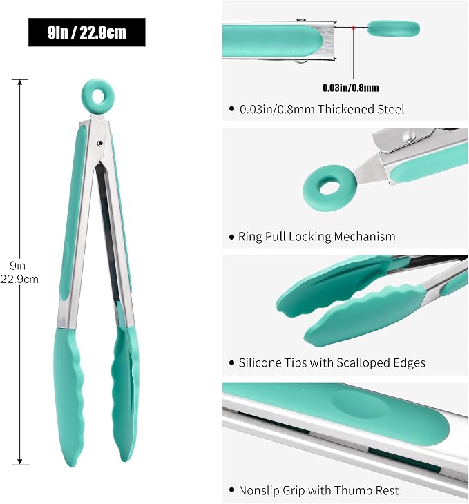 Doosu Kitchen Tongs for Cooking - 600°F Heat Resistant Food Tong with Non-Scratch Silicone Tips, Heavy Duty Stainless Steel Locking Tong for BBQ, Grilling Steak, Serving Salad, Pasta (9in, Aqua Sky)