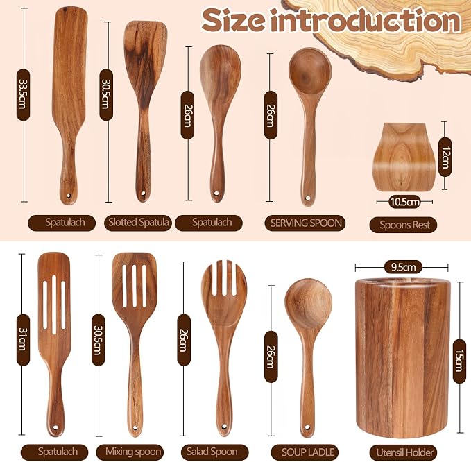 MYRAINBOW Wooden Spoons for Cooking, 10-Piece Teak Wooden Cooking Utensil Set with Holder, Nonstick, Heat Resistant Kitchen Utensils, Durable Wooden Cooking Spoons, Kitchen Cooking Gifts for Women Men