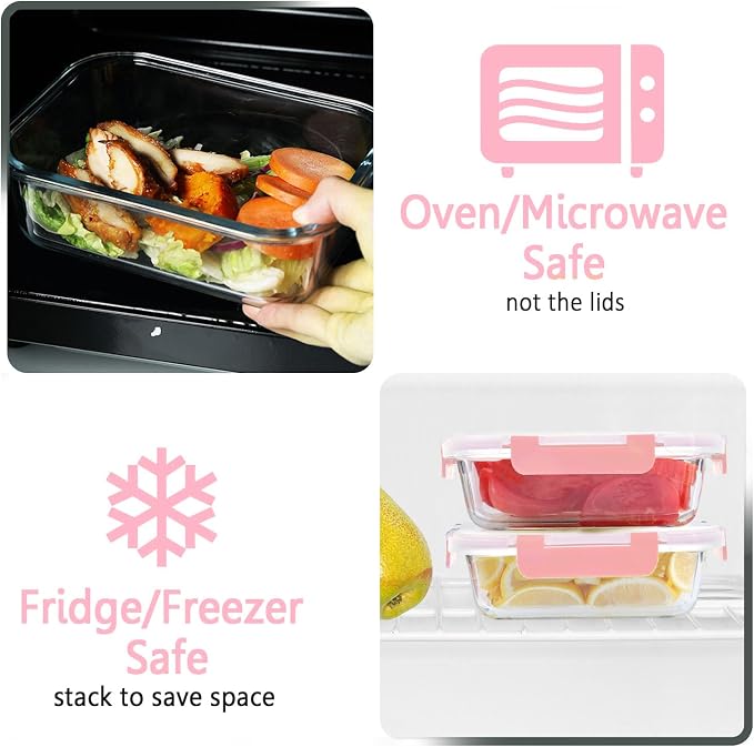 M MCIRCO 10 Pack Glass Food Storage Containers with Lids, Pink | Glass Meal Prep Containers,Airtight Lunch Containers with Lids, Microwave, Oven, Freezer and Dishwasher Friendly, BPA Free