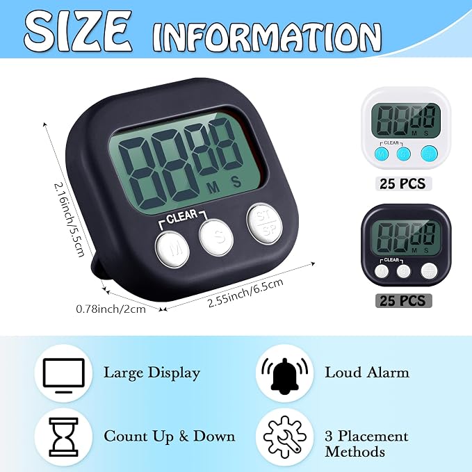 Xuhal 100 Pieces Digital Kitchen Timer Bulk, Small Magnetic Timers for Classroom, Digits Stopwatch Clock Timer for Cooking Baking Sports Games Office, Not Including Battery (Black,White)
