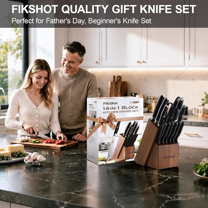 Fikshot Knife Set, German Stainless Steel, Black, 14-Piece kitchen knives | Full Tang Handle, Ultra-Sharp, Knife Block & Sharpener Included, Rust-Resistant, Dishwasher-Safe, , Gift for Chefs