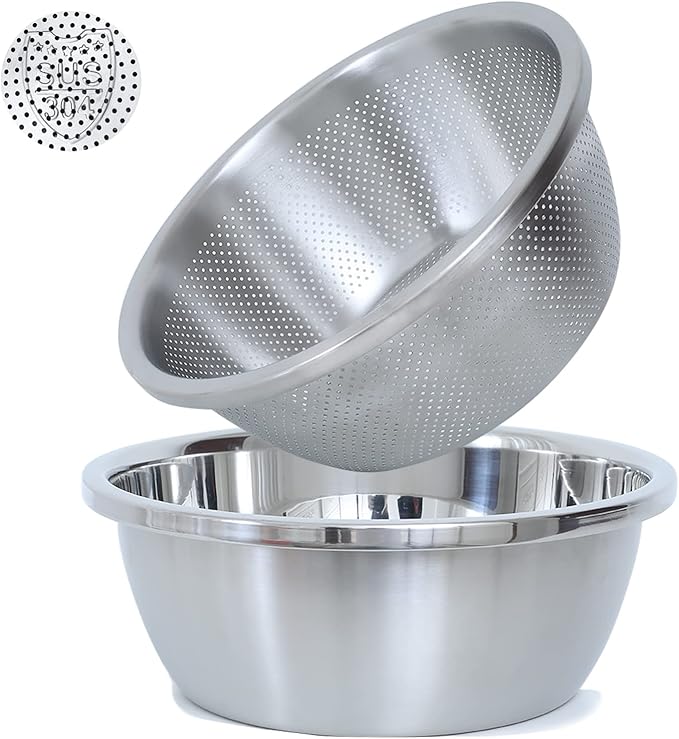 Paoli 304 Stainless Steel Fine Mesh Colander Set, 3.5QT Large Capacity Strainer with Mixing Bowl — Rinse Fruits, Veggies, Rice & Drain Pasta, Dishwasher Safe (2-Piece)