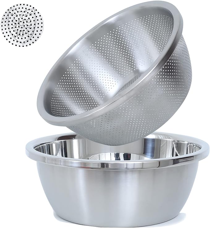 Paoli 304 Stainless Steel Fine Mesh Colander Set, 2QT Large Capacity Strainer with Mixing Bowl — Rinse Fruits, Veggies, Rice & Drain Pasta, Dishwasher Safe (2-Piece)