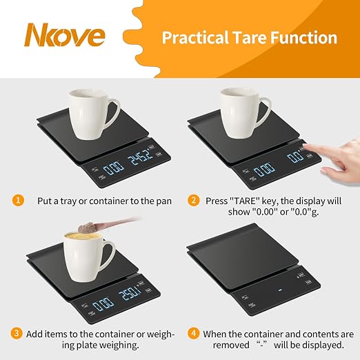 NKOVE Coffee Scale with Timer, 0.1g High Precision Espresso Scale 3kg | Digital Coffee Weight Scale with Tare Function, LED Display, Battery Powered, for Pour Over Coffee and Espresso Machine