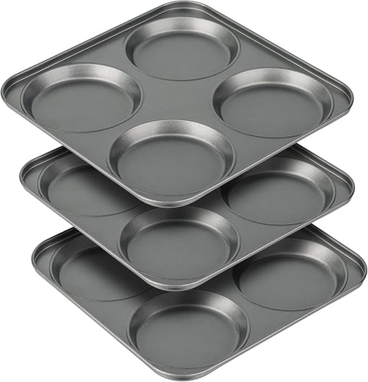 Tiawudi Muffin Top Pan, 4-Cup Hamburger Bun Pan, Large Whoopie Pies Pan, Non-Stick Bakeware for Eggs, Cornbread, Small Cake Layers and Drop Cookies, Set of 3