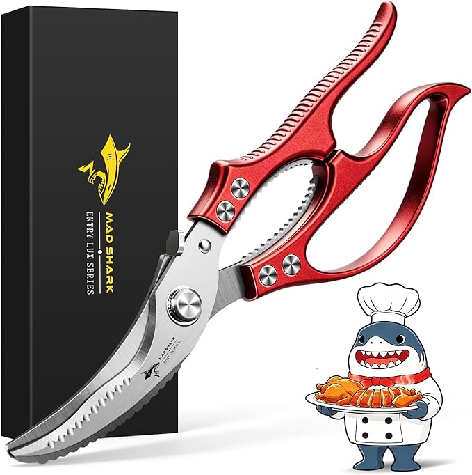 Professional Heavy Duty Poultry Shears - Kitchen Shears for Spatchcocking Chicken and Meat Cutting, Multi-Purpose Kitchen Scissors for Food, Spring-loaded (Red)