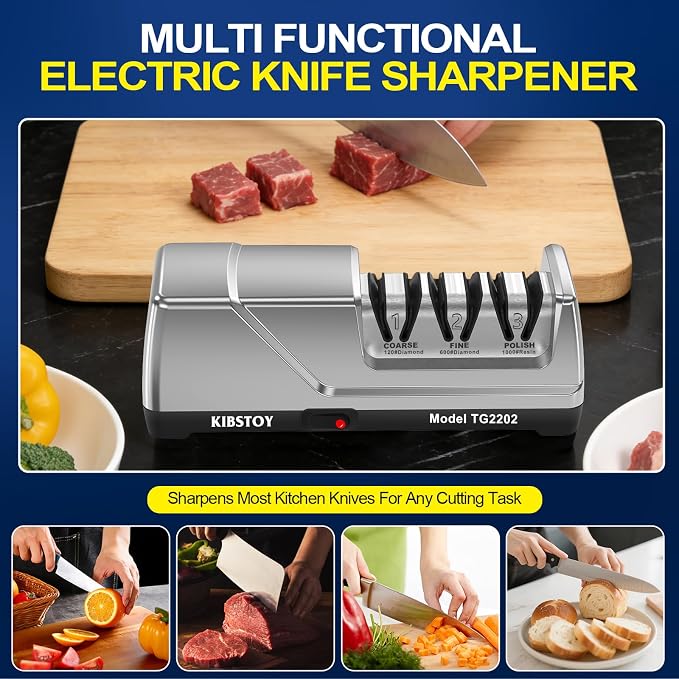 Knife Sharpener Electric, 3-Stage Professional Kitchen Sharpener with 100% Diamond Abrasive, 15° Precision Angle, Magnetic Dust Box, Fast Sharpening & Repair for Chef Knife, Paring Knife