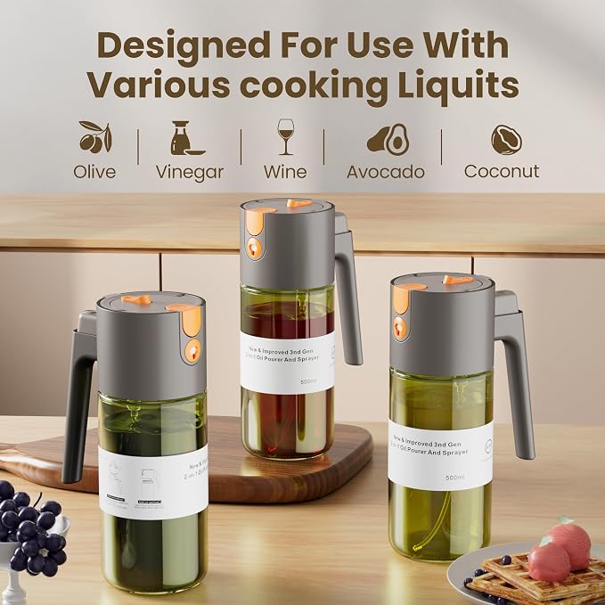 LAKUMIQI 2 in 1 Oil Sprayer for Cooking, 17oz | Light-Blocking Glass Spray Bottle with Stickers, Oil Dispenser for Salad, Air Fryer & BBQ