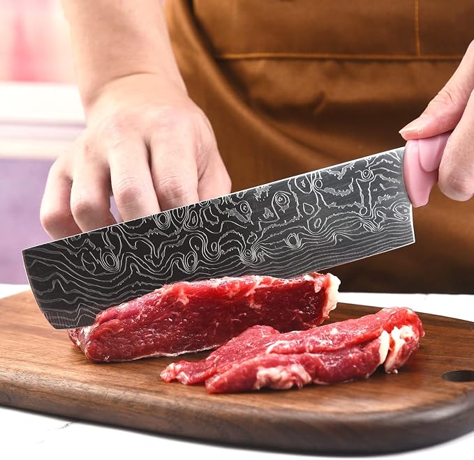 Damascus Knife Set 18Pcs Non Stick Sharp Kitchen Knives Set with Acrylic Block Cutlery Knives Block Set Chef Quality Best Gift Pink Handle