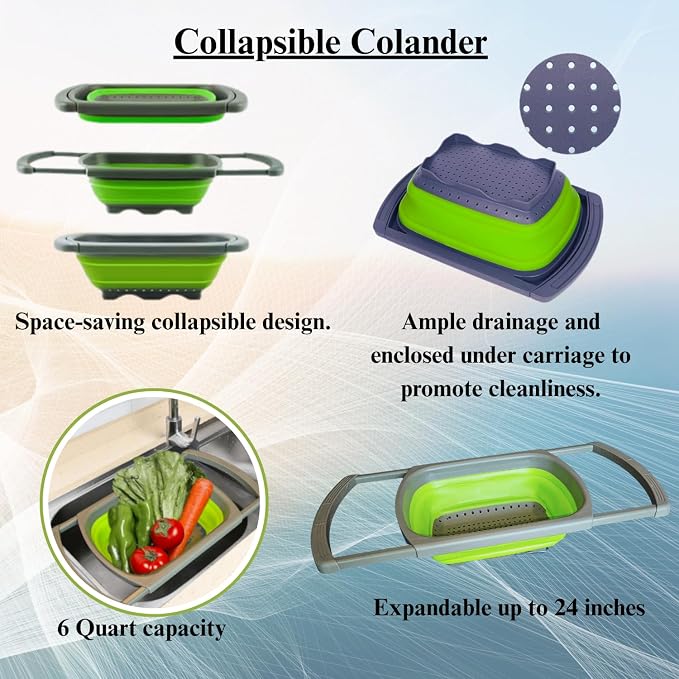 2-in-1 Silicone Strainer Set | Collapsible Colander | Over the Sink Silicone Collander With Extendable Handle | Clip-on Pot Strainer for Pots and Pans| Space-Saving, Heat-Resistant