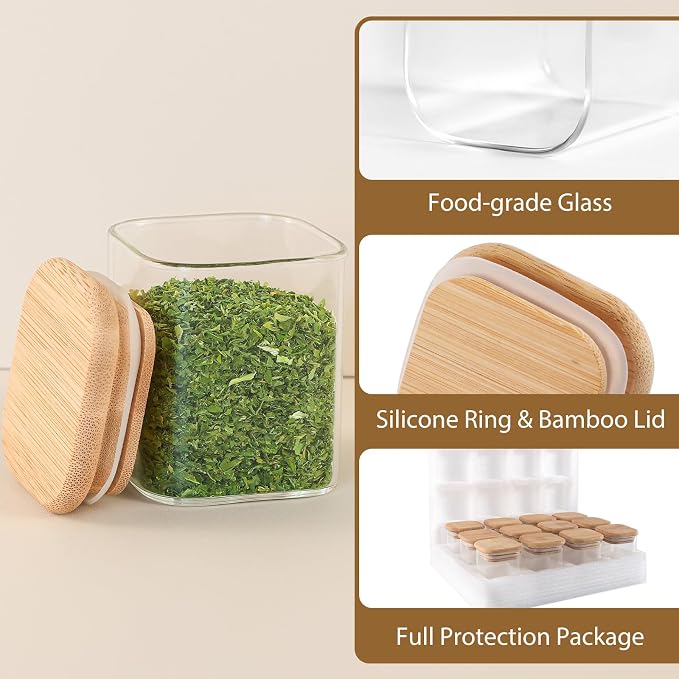 20 Pack 4 oz Square Glass Spice Jars with Lids and Labels – Airtight Small Seasoning Containers Set, Clear Glass Storage Jars for Seasoning, Spices, Kitchen Pantry Organization