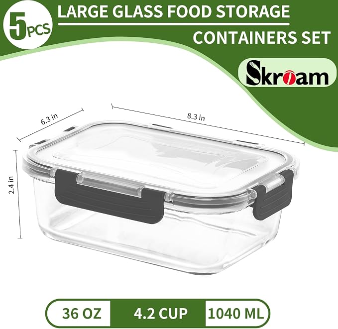 Skroam 5-Packs 36OZ Glass Food Storage Containers with Lids Airtight, Glass Meal Prep Container for Lunch, Pantry Organizers and Storage, Glass Lunch Boxes for Freezer to Oven Safe, Leak Proof | Glass Meal Prep Container for Lunch, Pantry Organizers an...