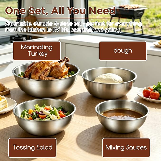 Gronivex Stainless Steel Mixing Bowls Set, 4-Piece (1.5, 2.2, 3.4 & 4.2 Qt) | Food-Grade Metal,Dishwasher Safety,Stackable Nesting & Space-Saving, For home baking, salads, cooking, and RV or grilling use