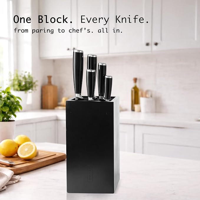 KAIZEN Bamboo Knife Block Without Knives - Perfectly Sized Universal Knife Holder for Knives, Scissors - Unique Knife Storage for Counter Top with Anti-Slip Base (Black)