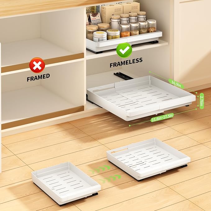 DOMNIU Pull Out Cabinet Organizers Expandable,White,16.9"Depth,4 Pack | Slide Out Drawers for Kitchen, Bathroom, Pantry, Under Sink Storage, Fixed with Adhesive Nano Film (11.6''-17.5'')