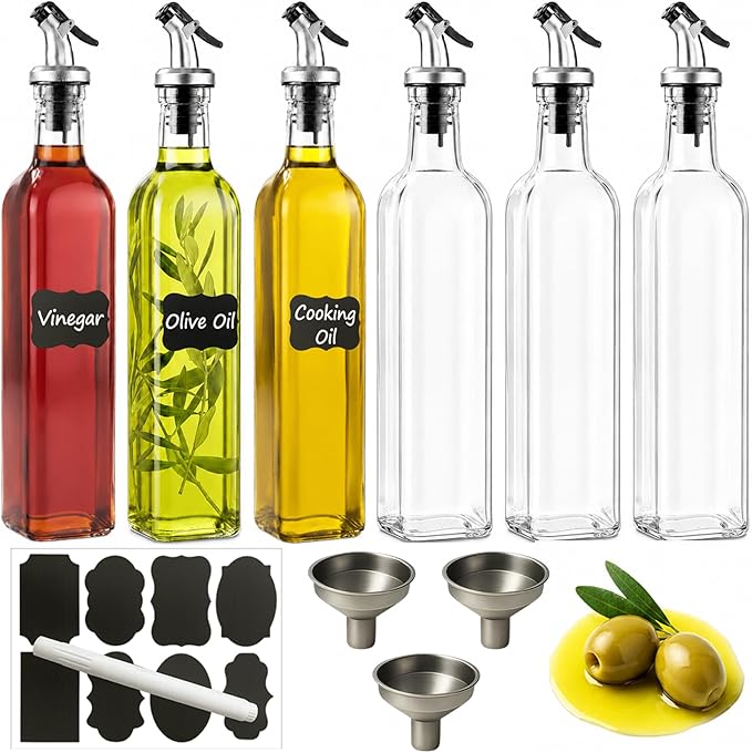 WERTIOO Oil Bottles for Kitchen 6 Pack, 17oz Oil and Vinegar Dispenser Set | 500ml Olive Oil Dispenser Bottle for Kitchen, with 6 Plastic Pourer, 2 Stainless Steel Funnel, Pen and Label