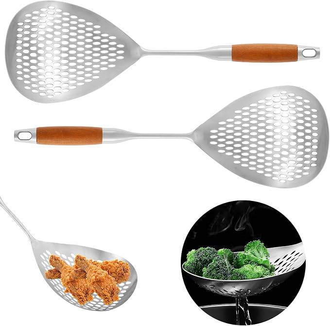 2 Pcs Skimmer Slotted Spoon, Skimmer Spoon, 16.4" Strainer Spoon Pasta Strainer/Frying Spoon with Anti Scald Wood Handle, Heat Resistant Skimmer Ladle Spoon for Cooking, Kitchen Metal Scoop Colander