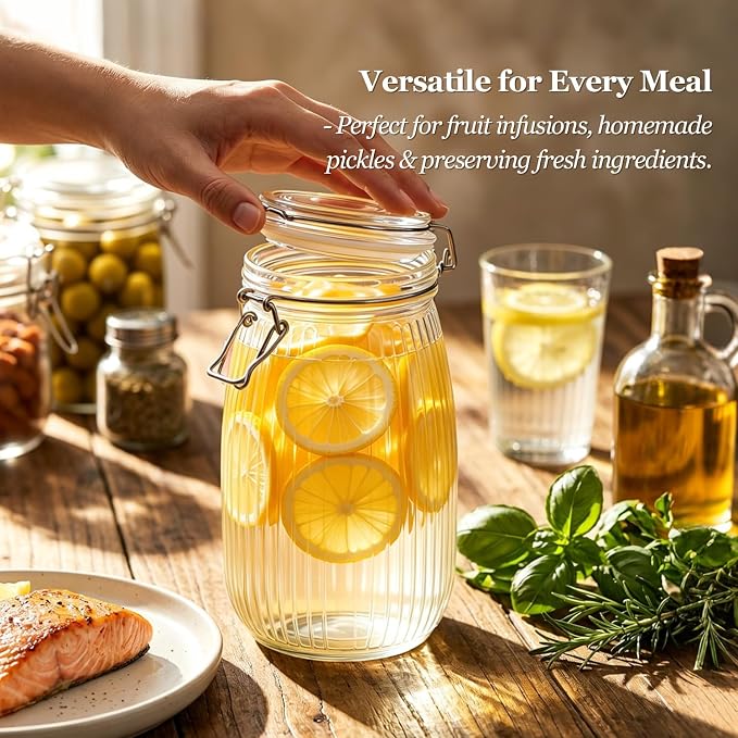 ComSaf Large Ribbed Glass Jars with Airtight Lids 51 oz 3 Pack Wide Mouth | Flour sugar coffee beans, Fermenting pickling, Farmhouse pantry decor, Countertop decor, Large capacity, Vintage Canisters