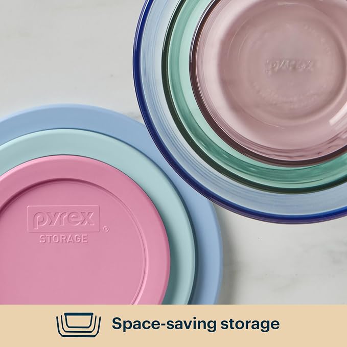 Pyrex Colors (3-Pack, Medium) Tinted Glass Round Food Storage Container Set | Meal prep containers (2, 4 & 7 cup) with snug fit plastic BPA-free lid, freezer, dishwasher, & microwave safe