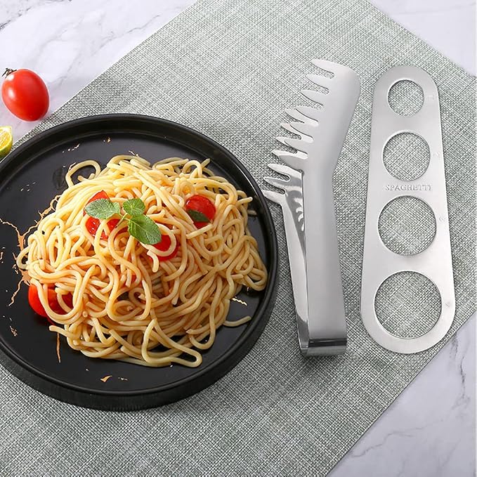 3 Pieces Stainless Steel Spaghetti Server Set | Pasta Tong, Spoon Server Fork, Measure Tool - Kitchen Cooking Utensil Set, for Noodles Serving Gadgets