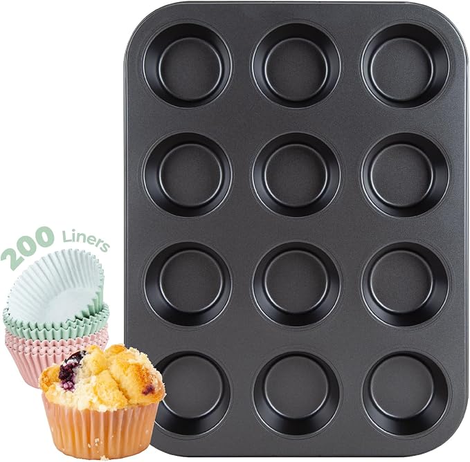 CARTMAN 12-Cup Muffin Pan & 200 Liners, Nonstick Carbon Steel Cupcake Tin | Includes 200 liners, durable carbon steel, nonstick release, for cupcakes, muffins, egg bites, brownies, oven safe 450°F