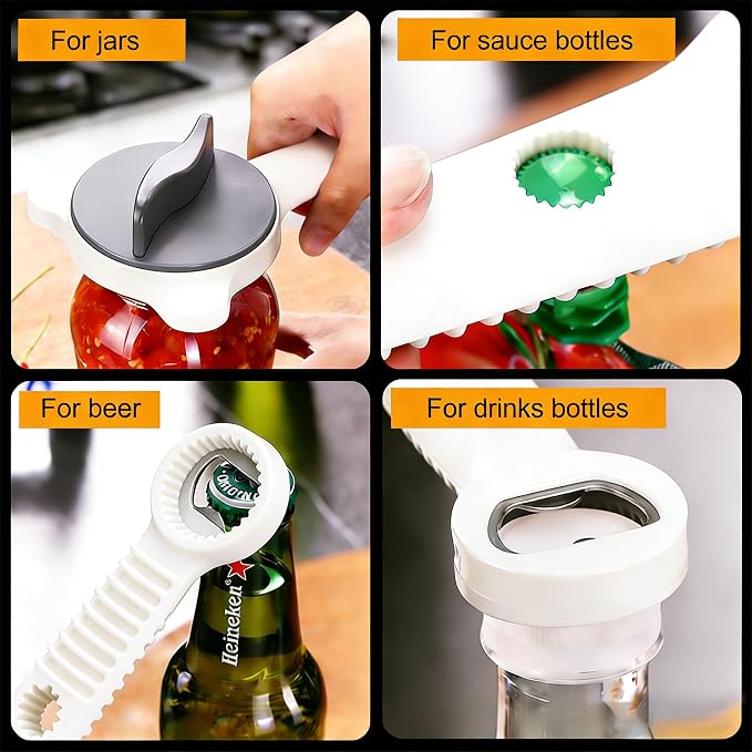 4-in-1 Jar Opener for Weak Hands, Adjustable Lid & Bottle Opener Gray | Ergonomic non-slip grip for arthritis hands, opens jars bottles cans, adjustable multi-size lid remover, durable kitchen tool
