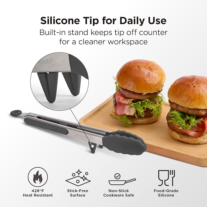 Kitchen Mama DuoEssentials Cooking Tongs Set, Metal Gray | 12" Silicone Tip & 14" Stainless Steel, BBQ Grill Tongs, Locking Ring, Heat Resistant, Non Stick & Dishwasher Safe