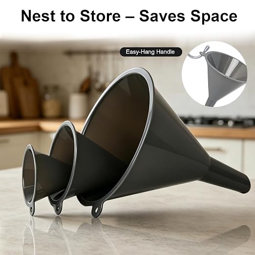 Plastic Kitchen Funnel Set of 3 with Brush – BPA Free Food Grade Funnels for Filling Canning Bottles Oil, Multifunctional for Cooking Lab Automotive, Gray