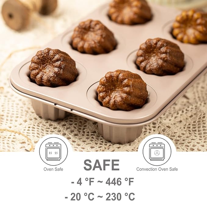 CHEFMADE Canele Mold Cake Pan, 6-Cavity Non-Stick Canele Muffin Bakeware Cupcake Pan for Oven Baking (Champagne Gold)
