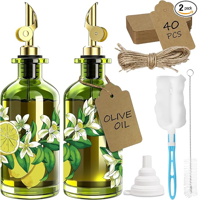 Olive Oil Dispenser Bottle for Kitchen, 12oz/350ml Extra Thick Glass Oil and Vinegar Cruet with Stainless Steel Pourer, Funnel & Cleaning Brush, Premium Oil Dispenser Set (Lemon)