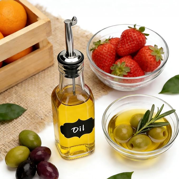 Salzesfalls 8 Pcs 6oz Olive Oil Dispenser Bottle, Oil Dispenser for Kitchen | Glass Cooking Oil Dispenser with Stainless Steel Pourer Spouts, Oil and Vinegar Dispenser Set with Pourers, Corks, Caps